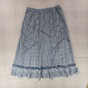 Soft Surroundings Porfiria Chambray Maxi Skirt Blue Boho Eyelet Patchwork XL